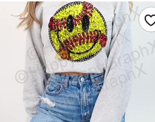 Softball smiley face faux glitter