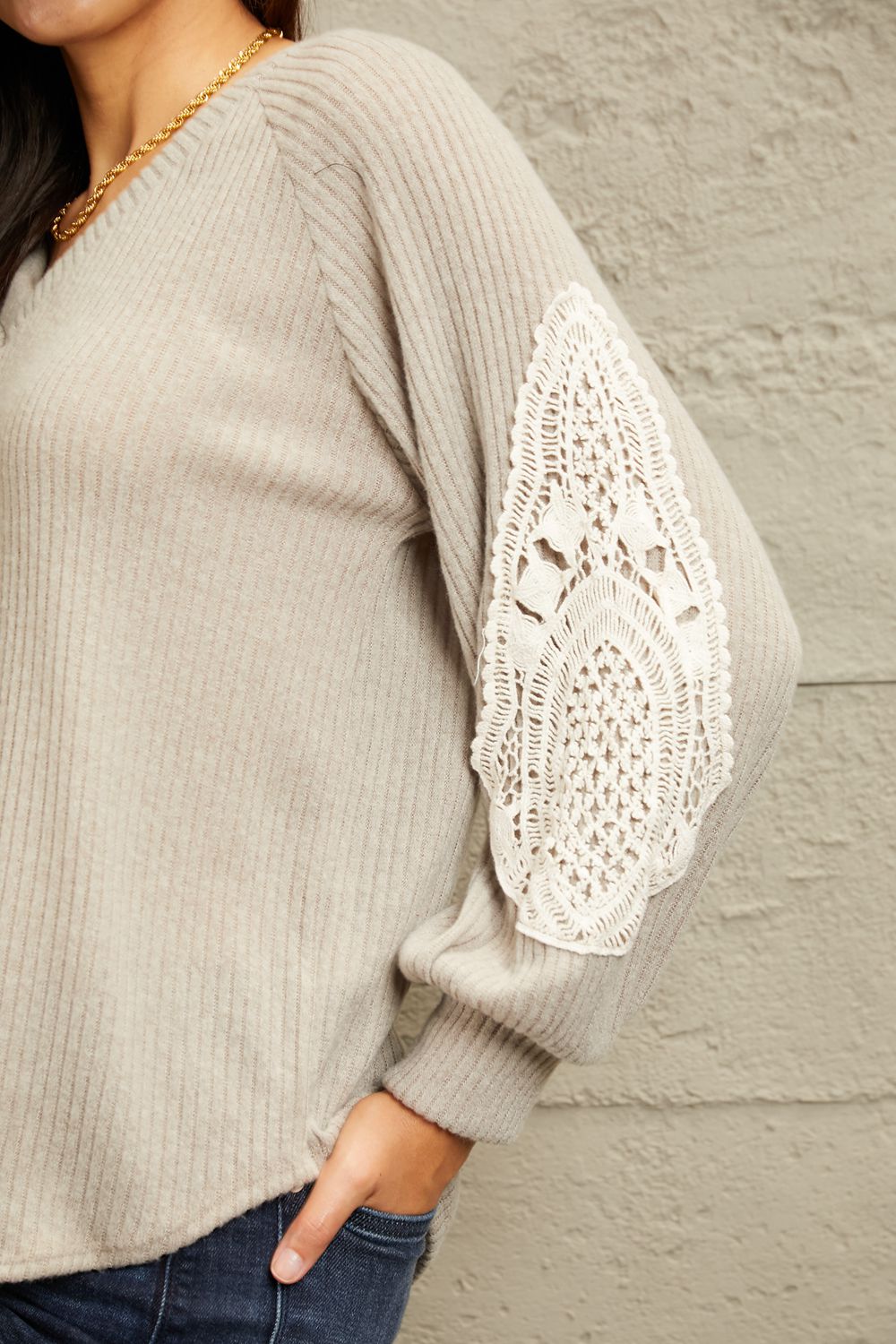 Lace Patch Detail Sweater in Beige