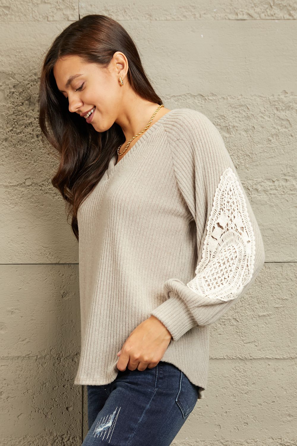 Lace Patch Detail Sweater in Beige