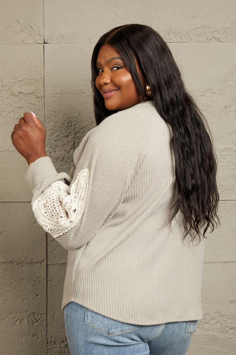 Lace Patch Detail Sweater in Beige