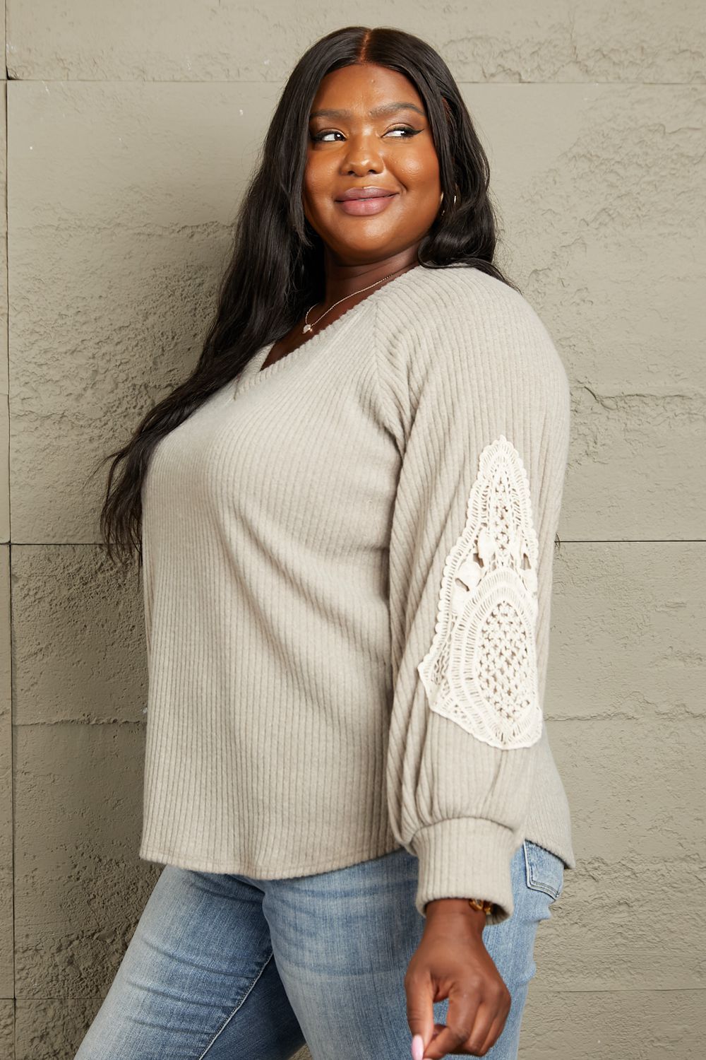Lace Patch Detail Sweater in Beige