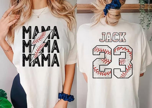 Baseball mama lightning bolt/name- number